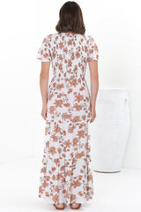 Amaya Maxi Dress - Shirred Cap Sleeve A Line Dress in Halara Print Cream