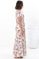 Amaya Maxi Dress - Shirred Cap Sleeve A Line Dress in Halara Print Cream