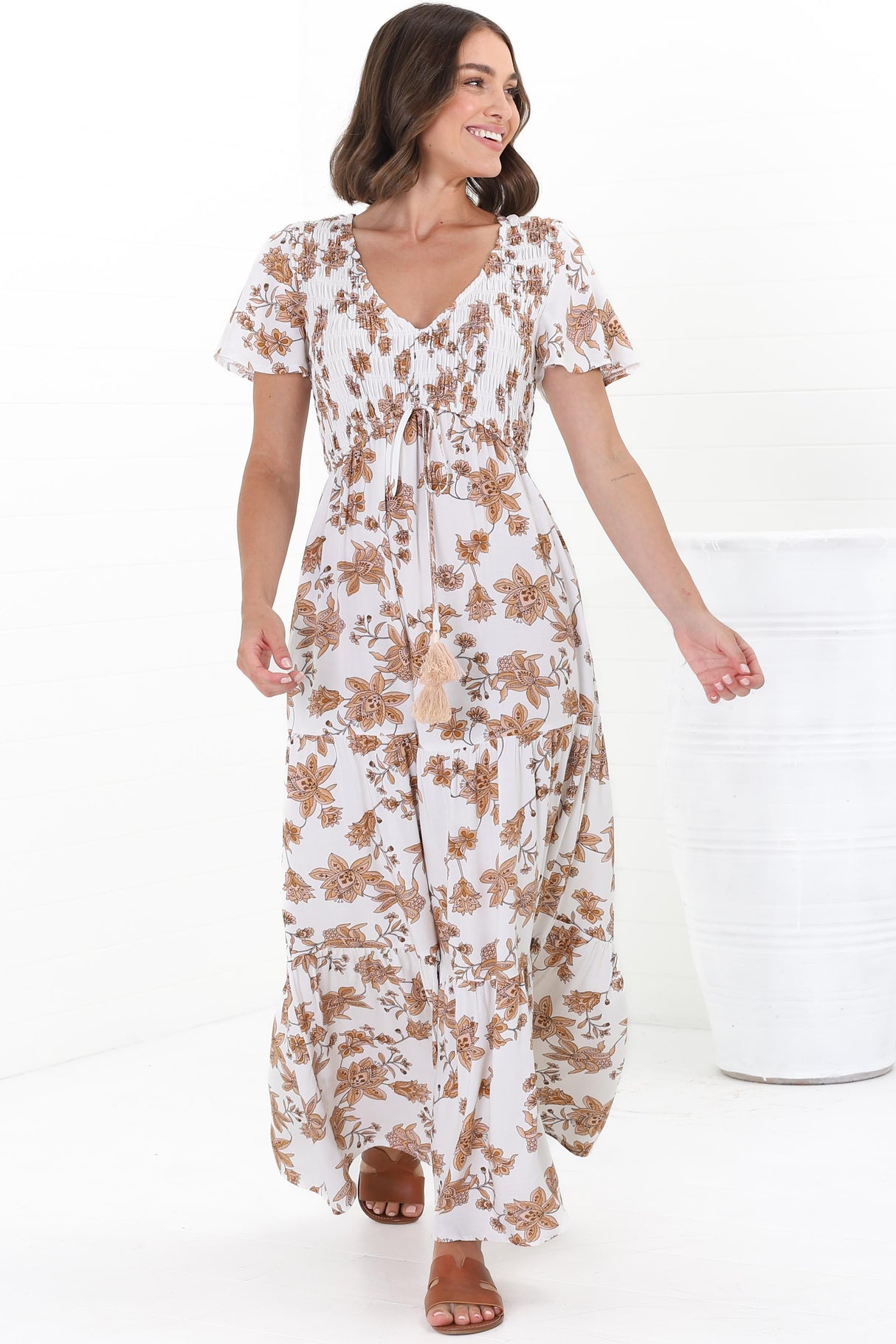 Amaya Maxi Dress - Shirred Cap Sleeve A Line Dress in Halara Print Cream