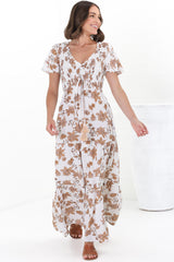 Amaya Maxi Dress - Shirred Cap Sleeve A Line Dress in Halara Print Cream