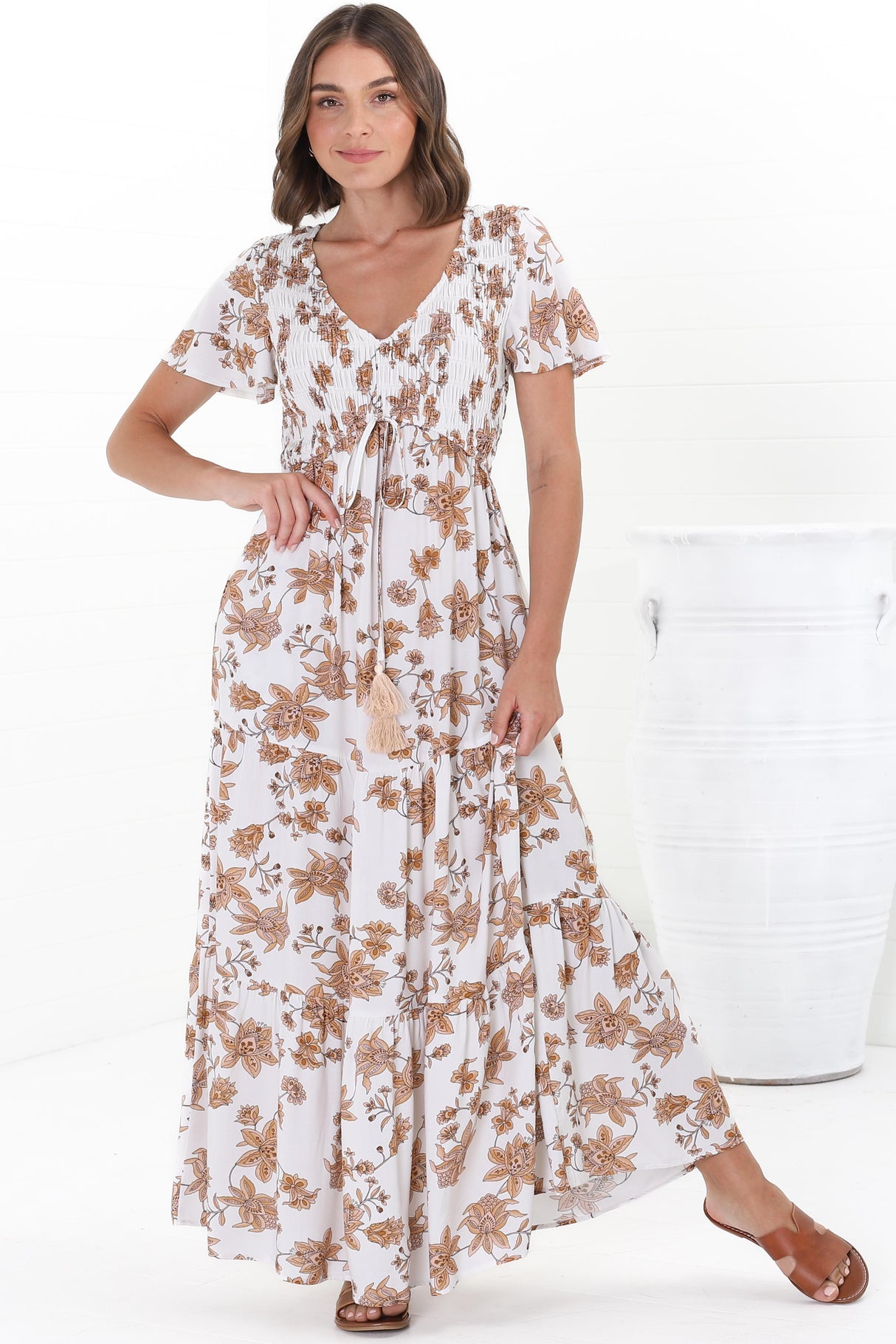 Amaya Maxi Dress - Shirred Cap Sleeve A Line Dress in Halara Print Cream