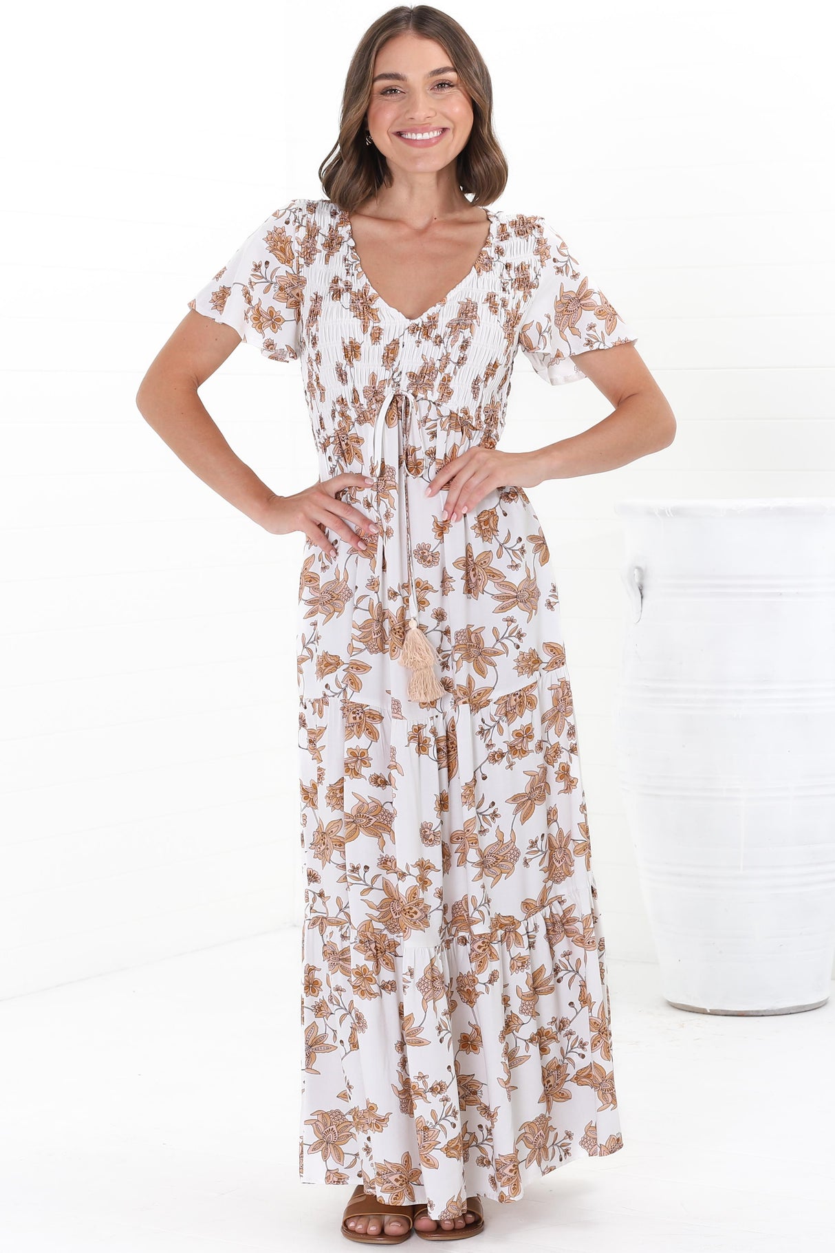 Amaya Maxi Dress - Shirred Cap Sleeve A Line Dress in Halara Print Cream