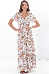 Amaya Maxi Dress - Shirred Cap Sleeve A Line Dress in Halara Print Cream