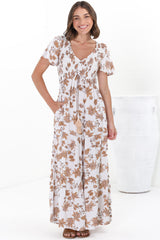 Amaya Maxi Dress - Shirred Cap Sleeve A Line Dress in Halara Print Cream