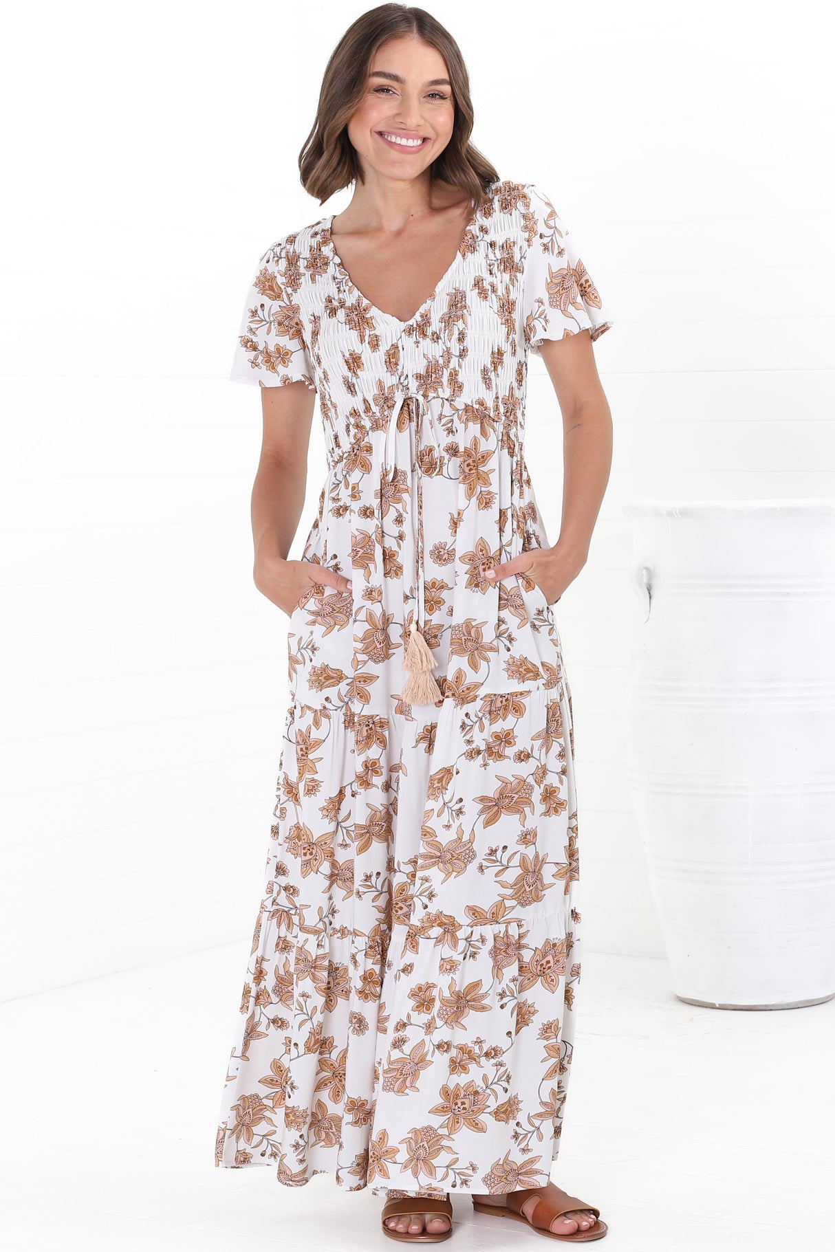 Amaya Maxi Dress - Shirred Cap Sleeve A Line Dress in Halara Print Cream