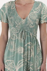 Amaya Maxi Dress - Shirred Cap Sleeve A Line Dress in Havanna Print Green