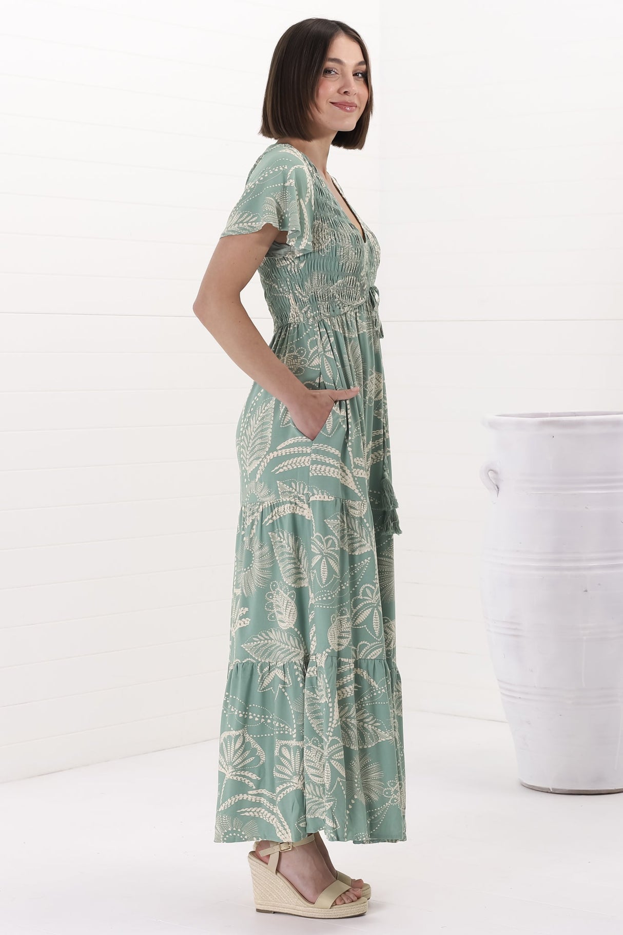 Amaya Maxi Dress - Shirred Cap Sleeve A Line Dress in Havanna Print Green