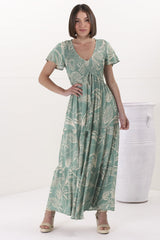 Amaya Maxi Dress - Shirred Cap Sleeve A Line Dress in Havanna Print Green