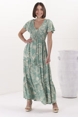 Amaya Maxi Dress - Shirred Cap Sleeve A Line Dress in Havanna Print Green