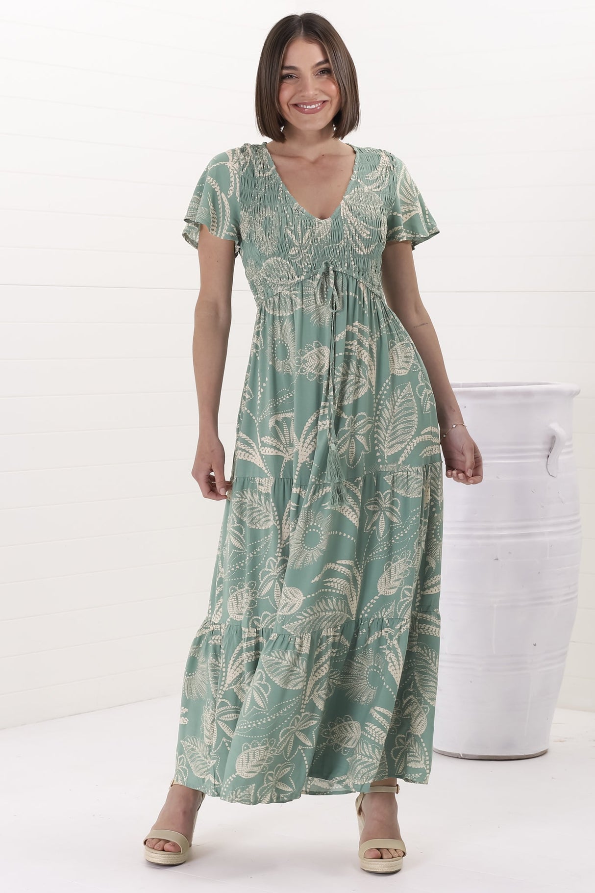 Amaya Maxi Dress - Shirred Cap Sleeve A Line Dress in Havanna Print Green