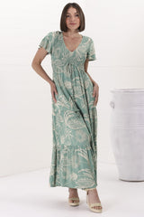 Amaya Maxi Dress - Shirred Cap Sleeve A Line Dress in Havanna Print Green