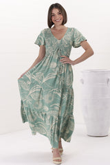 Amaya Maxi Dress - Shirred Cap Sleeve A Line Dress in Havanna Print Green