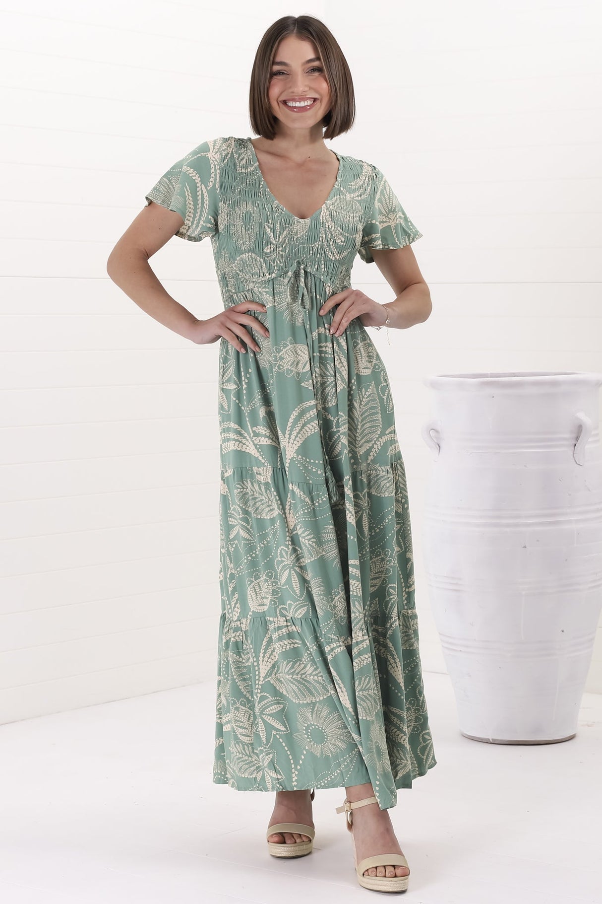 Amaya Maxi Dress - Shirred Cap Sleeve A Line Dress in Havanna Print Green