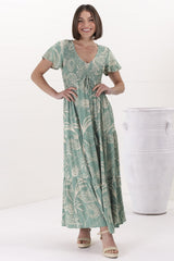 Amaya Maxi Dress - Shirred Cap Sleeve A Line Dress in Havanna Print Green