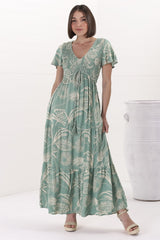 Amaya Maxi Dress - Shirred Cap Sleeve A Line Dress in Havanna Print Green