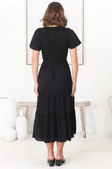 Amaya Midi Dress - Shirred Cap Sleeve A Line Dress in Black