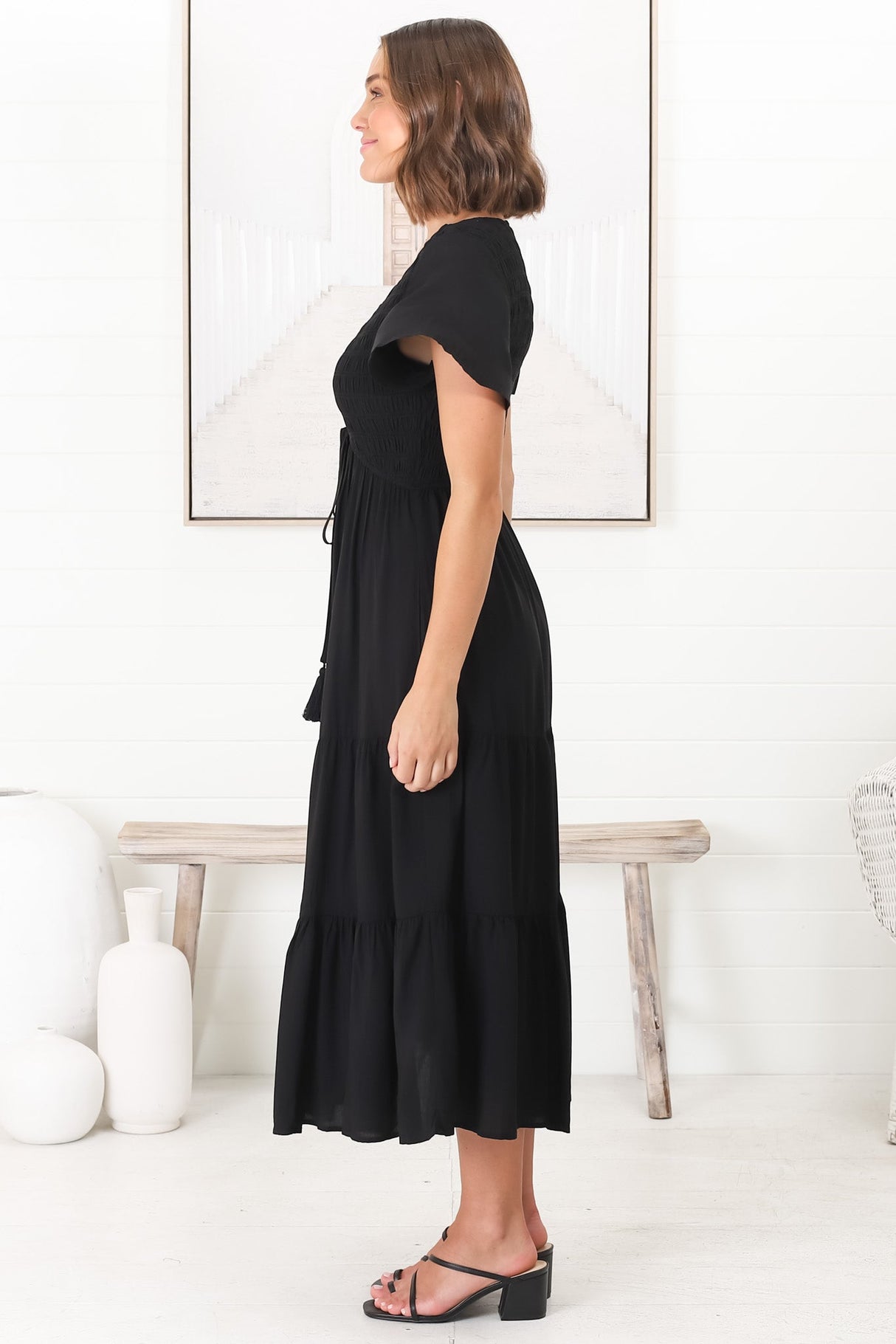 Amaya Midi Dress - Shirred Cap Sleeve A Line Dress in Black