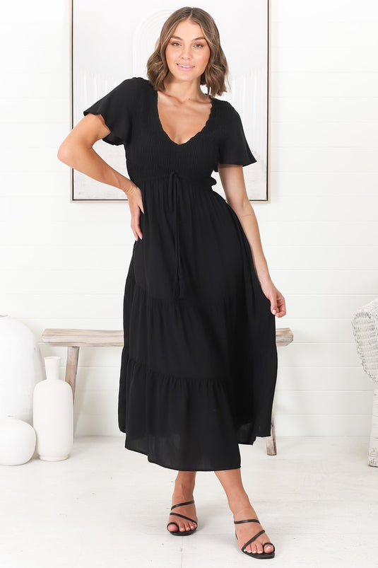 Amaya Midi Dress - Shirred Cap Sleeve A Line Dress in Black