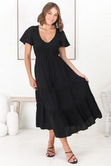 Amaya Midi Dress - Shirred Cap Sleeve A Line Dress in Black