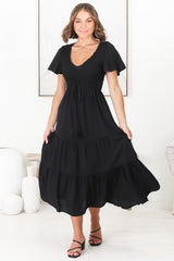 Amaya Midi Dress - Shirred Cap Sleeve A Line Dress in Black