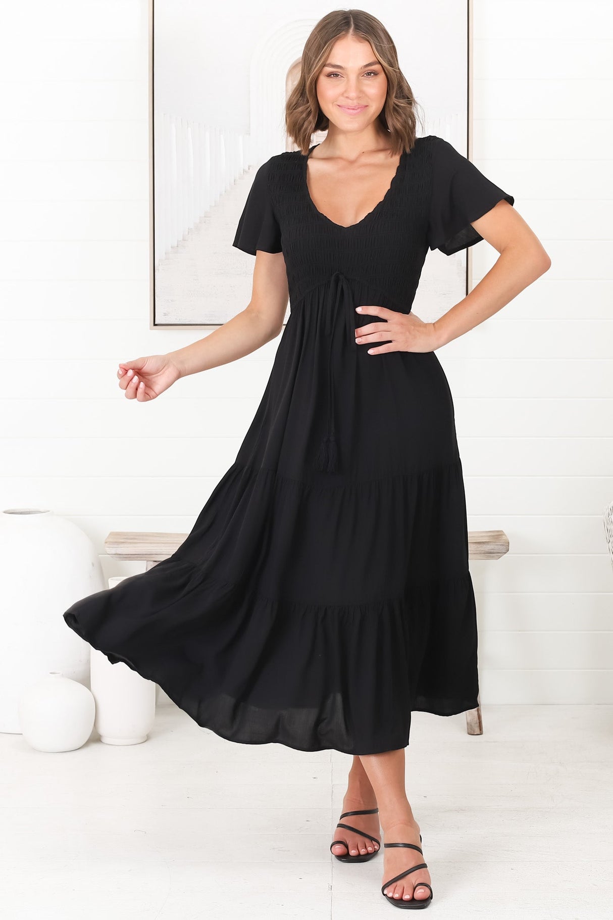 Amaya Midi Dress - Shirred Cap Sleeve A Line Dress in Black