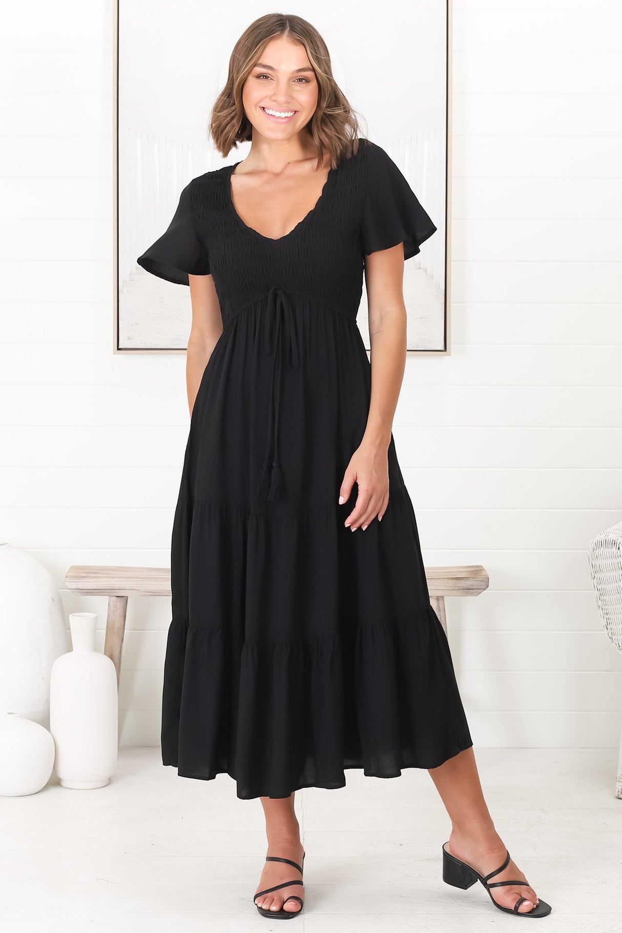 Amaya Midi Dress - Shirred Cap Sleeve A Line Dress in Black