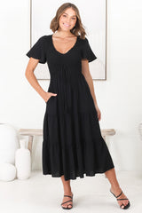 Amaya Midi Dress - Shirred Cap Sleeve A Line Dress in Black