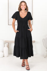 Amaya Midi Dress - Shirred Cap Sleeve A Line Dress in Black