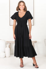 Amaya Midi Dress - Shirred Cap Sleeve A Line Dress in Black