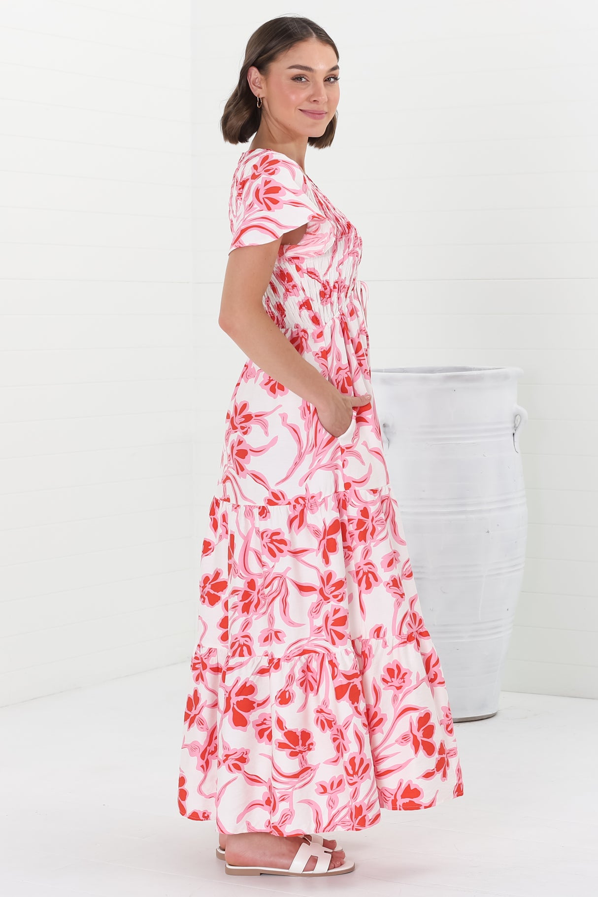 Amaya Midi Dress - Shirred Cap Sleeve A Line Dress in Braley Print Pink