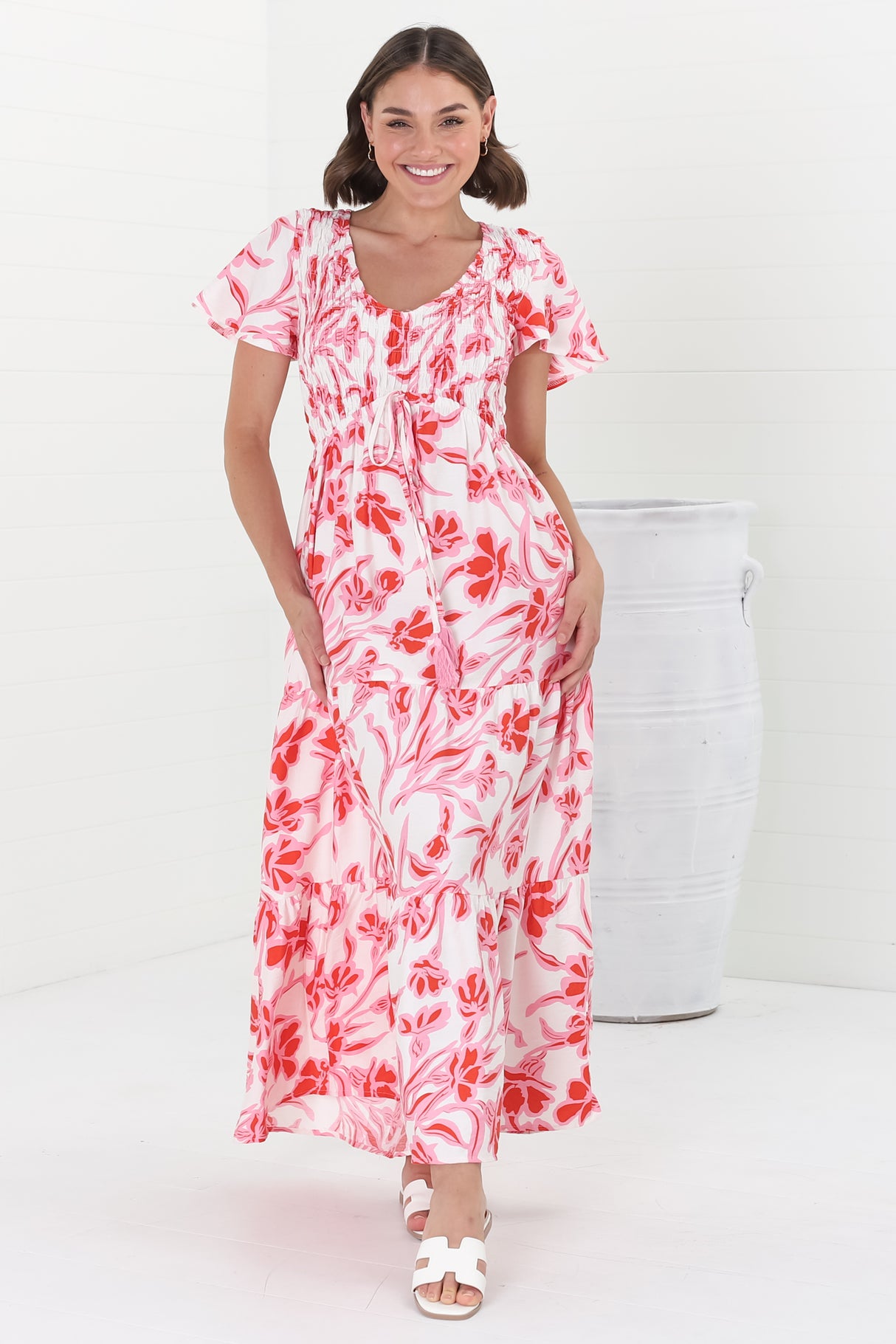 Amaya Midi Dress - Shirred Cap Sleeve A Line Dress in Braley Print Pink