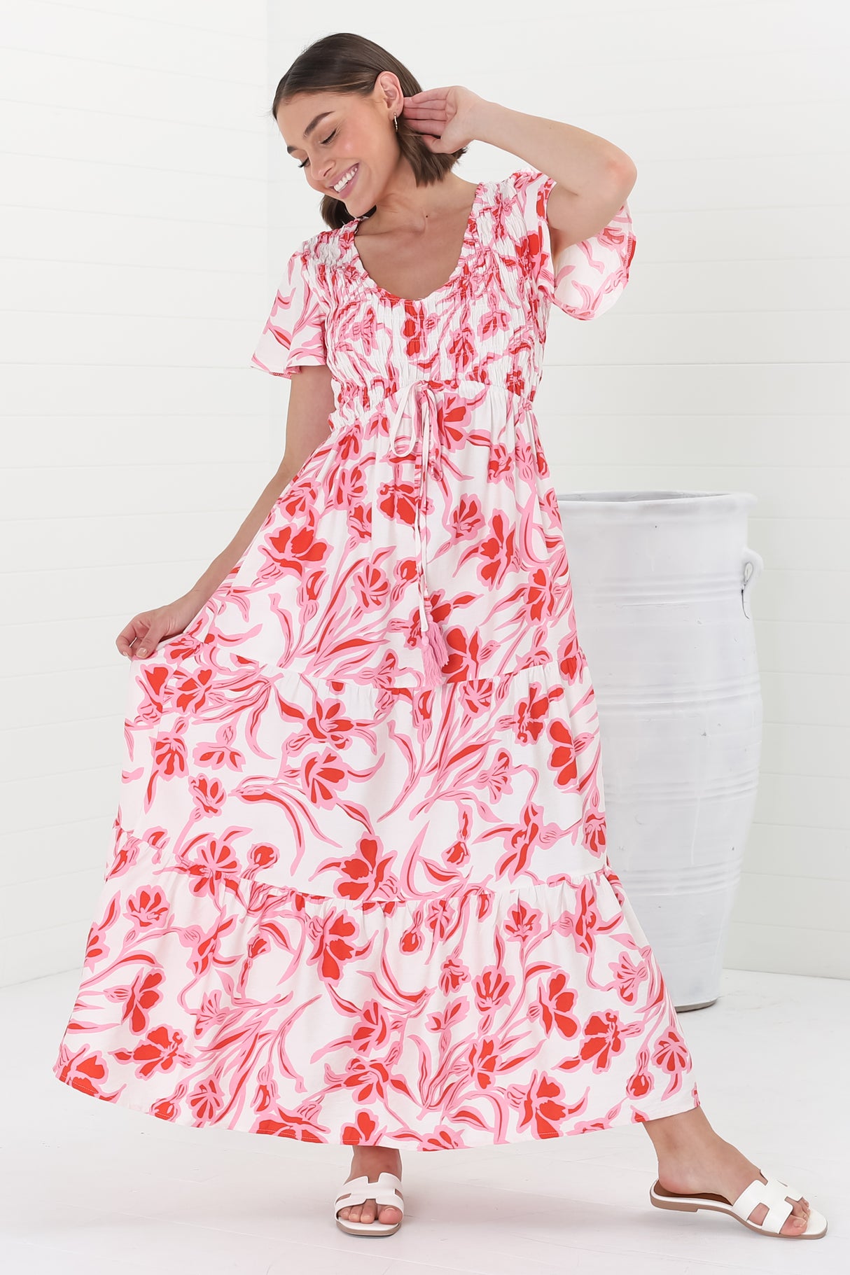 Amaya Midi Dress - Shirred Cap Sleeve A Line Dress in Braley Print Pink