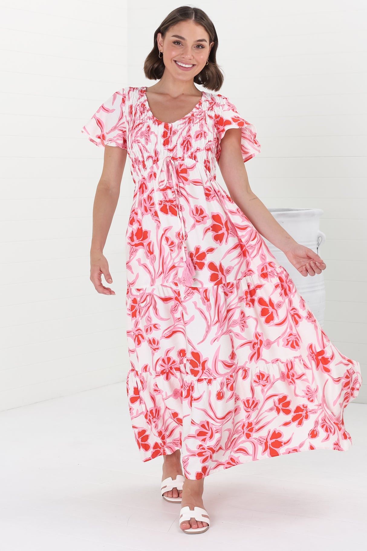 Amaya Midi Dress - Shirred Cap Sleeve A Line Dress in Braley Print Pink