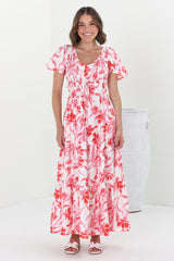 Amaya Midi Dress - Shirred Cap Sleeve A Line Dress in Braley Print Pink