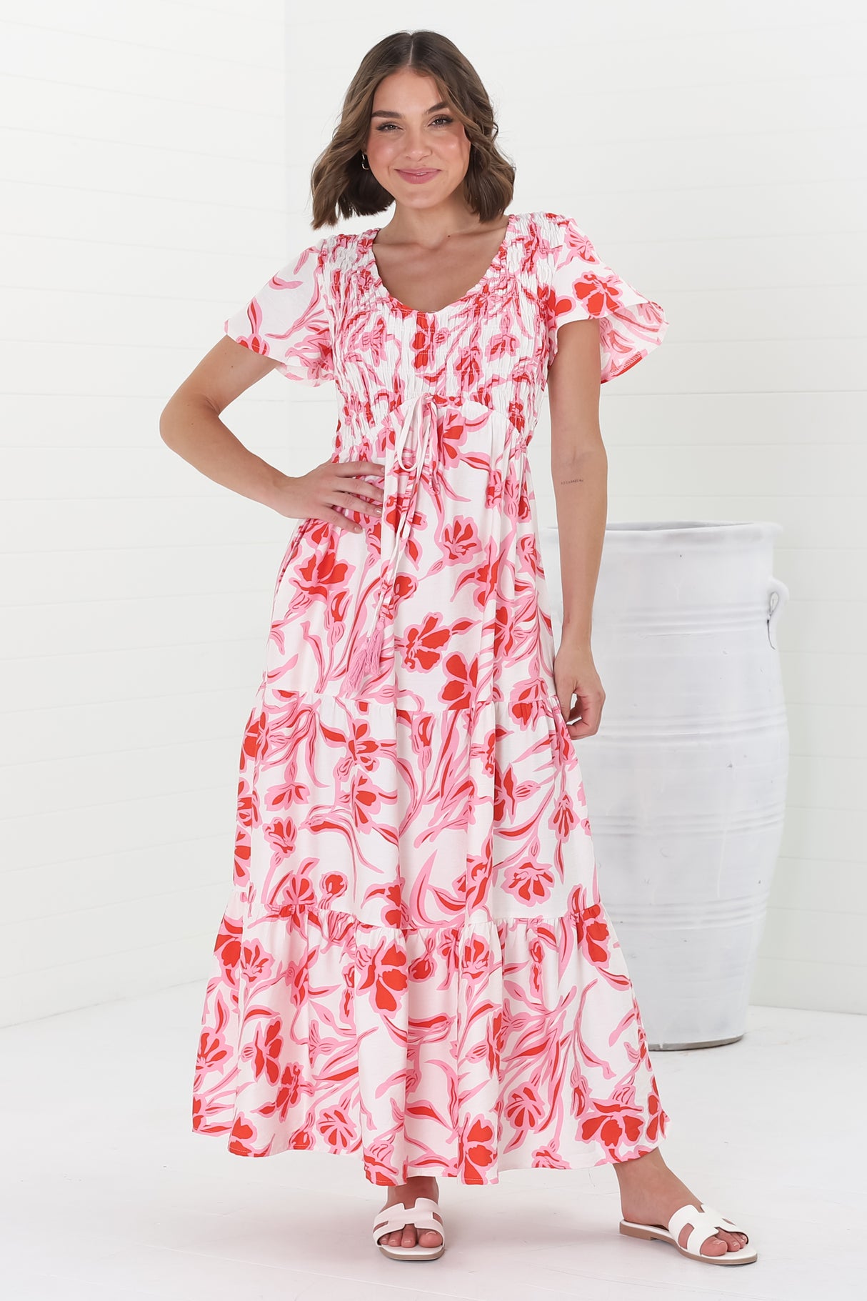 Amaya Midi Dress - Shirred Cap Sleeve A Line Dress in Braley Print Pink