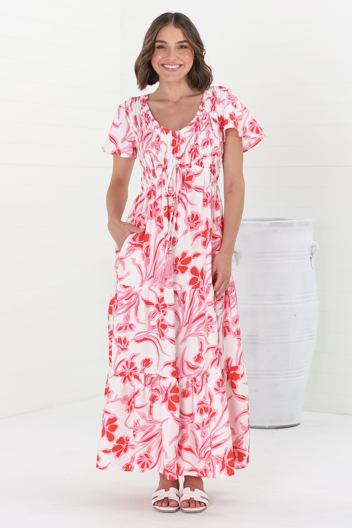 Amaya Midi Dress - Shirred Cap Sleeve A Line Dress in Braley Print Pink