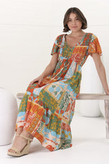 Amaya Midi Dress - Shirred Cap Sleeve A Line Dress in Chantilly Print