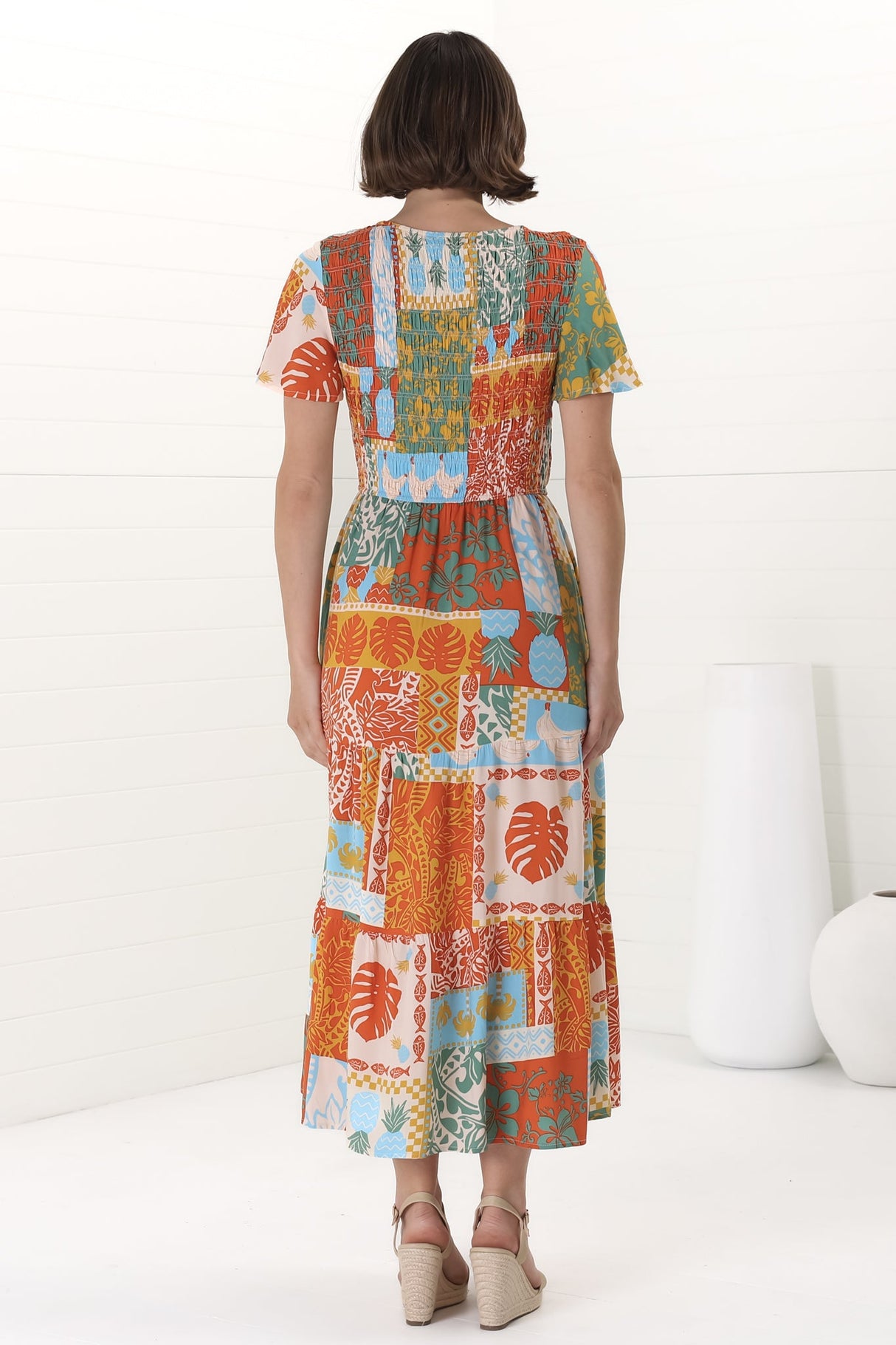 Amaya Midi Dress - Shirred Cap Sleeve A Line Dress in Chantilly Print