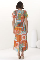 Amaya Midi Dress - Shirred Cap Sleeve A Line Dress in Chantilly Print