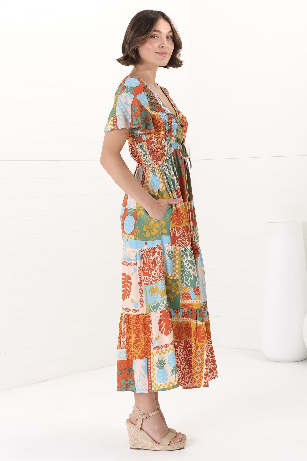 Amaya Midi Dress - Shirred Cap Sleeve A Line Dress in Chantilly Print