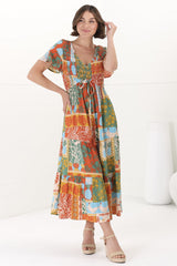 Amaya Midi Dress - Shirred Cap Sleeve A Line Dress in Chantilly Print