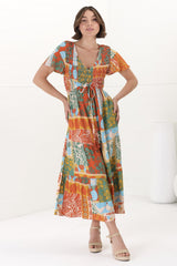 Amaya Midi Dress - Shirred Cap Sleeve A Line Dress in Chantilly Print