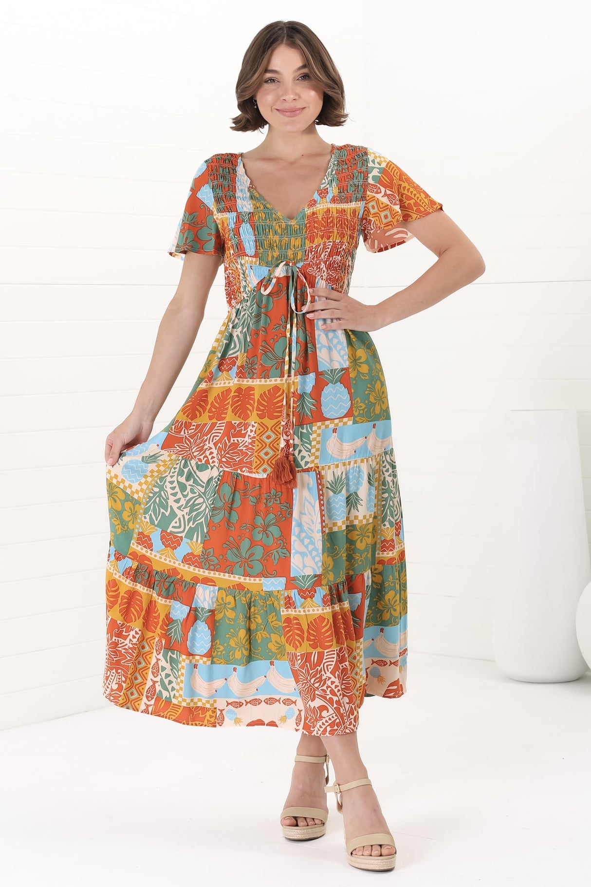 Amaya Midi Dress - Shirred Cap Sleeve A Line Dress in Chantilly Print