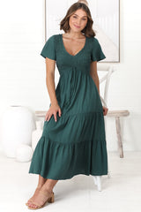 Amaya Midi Dress - Shirred Cap Sleeve A Line Dress in Emerald