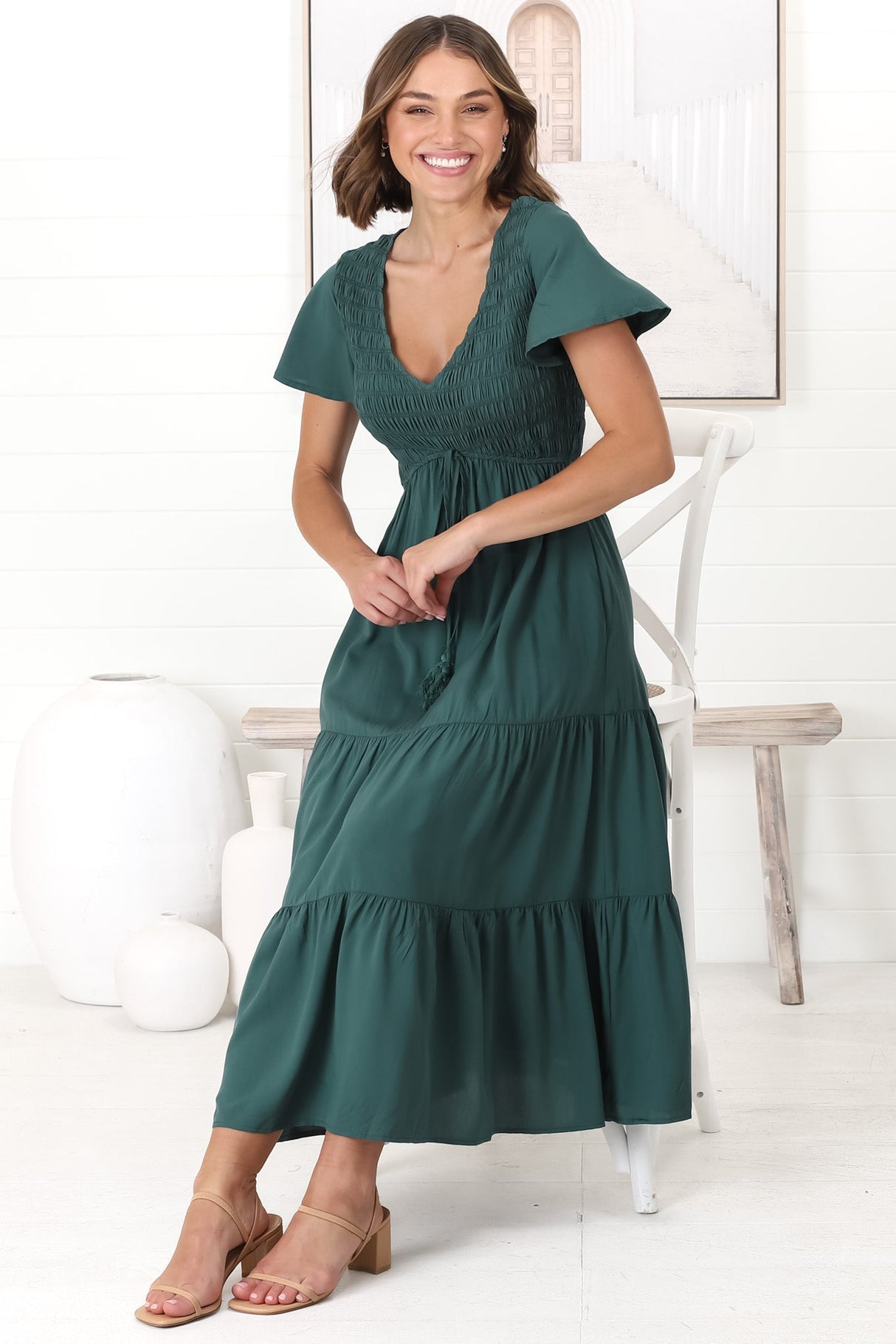 Amaya Midi Dress - Shirred Cap Sleeve A Line Dress in Emerald