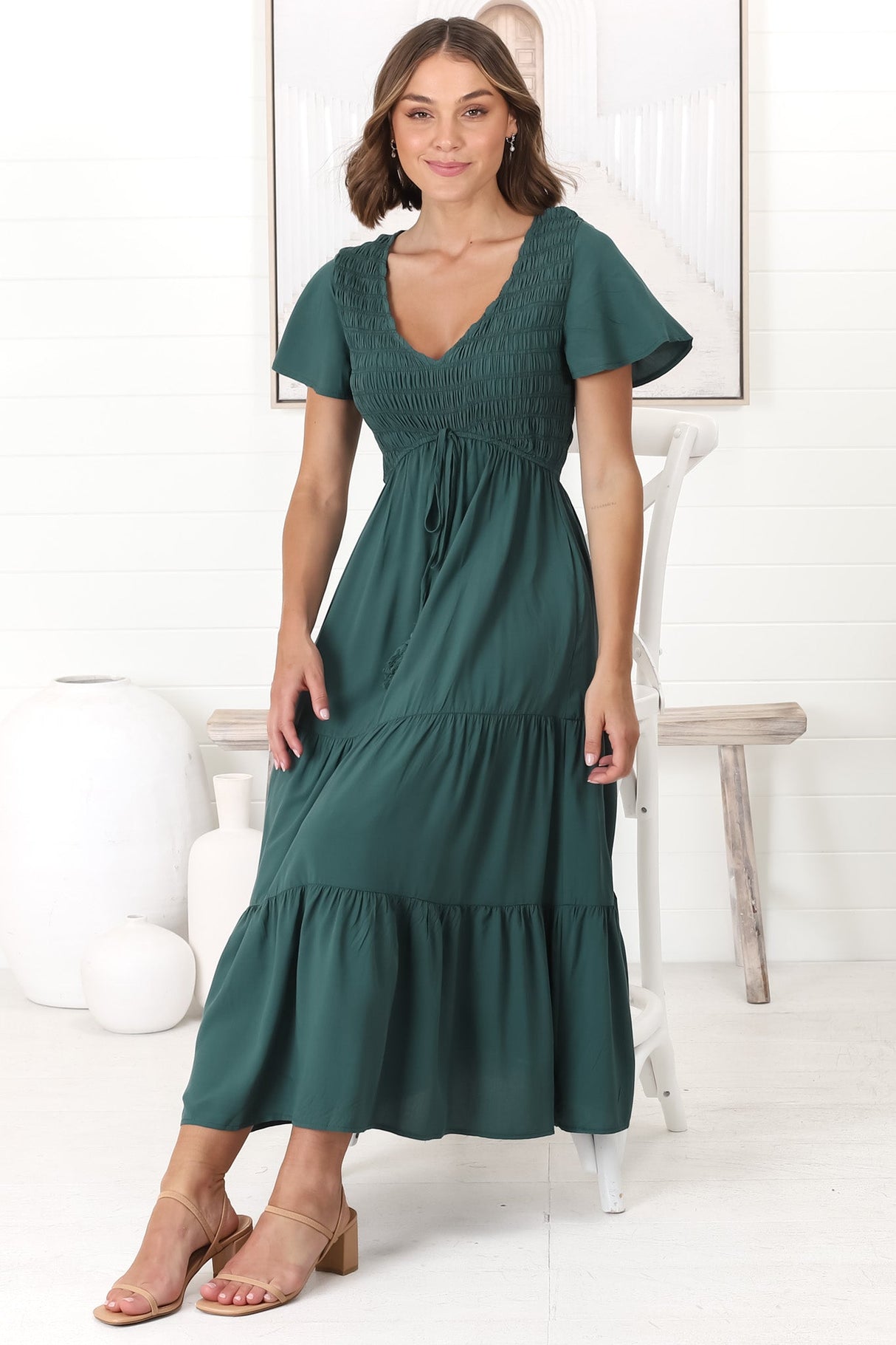 Amaya Midi Dress - Shirred Cap Sleeve A Line Dress in Emerald