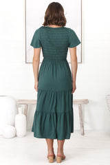 Amaya Midi Dress - Shirred Cap Sleeve A Line Dress in Emerald