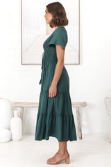 Amaya Midi Dress - Shirred Cap Sleeve A Line Dress in Emerald