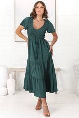 Amaya Midi Dress - Shirred Cap Sleeve A Line Dress in Emerald