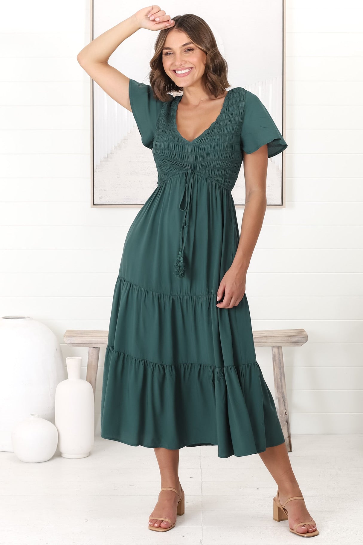 Amaya Midi Dress - Shirred Cap Sleeve A Line Dress in Emerald